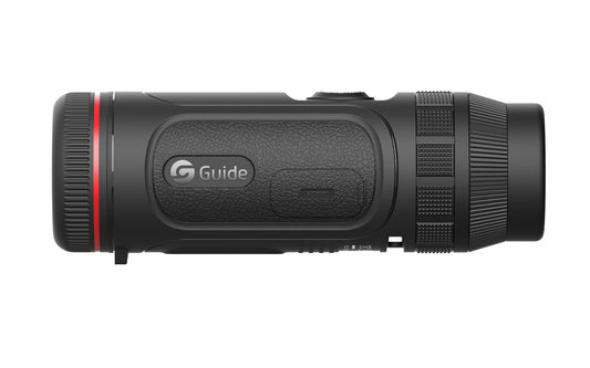 Guide TE419S värmekikare från sidan med Guide-logotyp