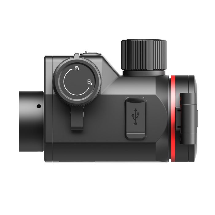 Guide Orion O435CS clip-on värmesikte från sidan med fokusratt och USB-C-lucka