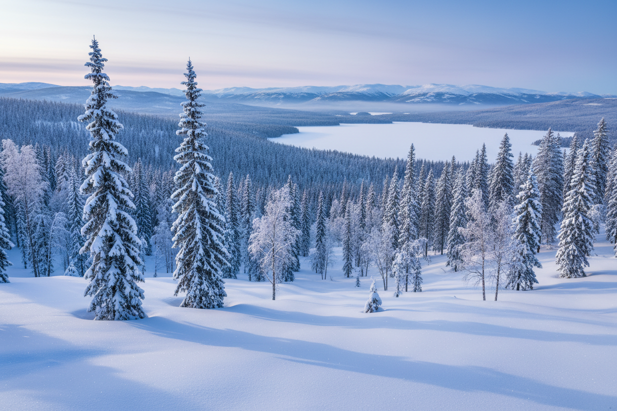 Generera en bild på ett svenskt vinterlandskap, hyperrealistiskt